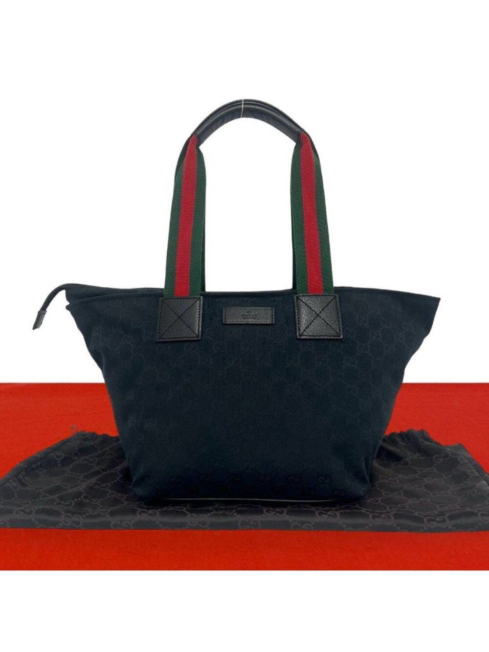 Gucci Sherry Line GG Canvas Logo Pattern Leather Tote Shoulder Bag Black